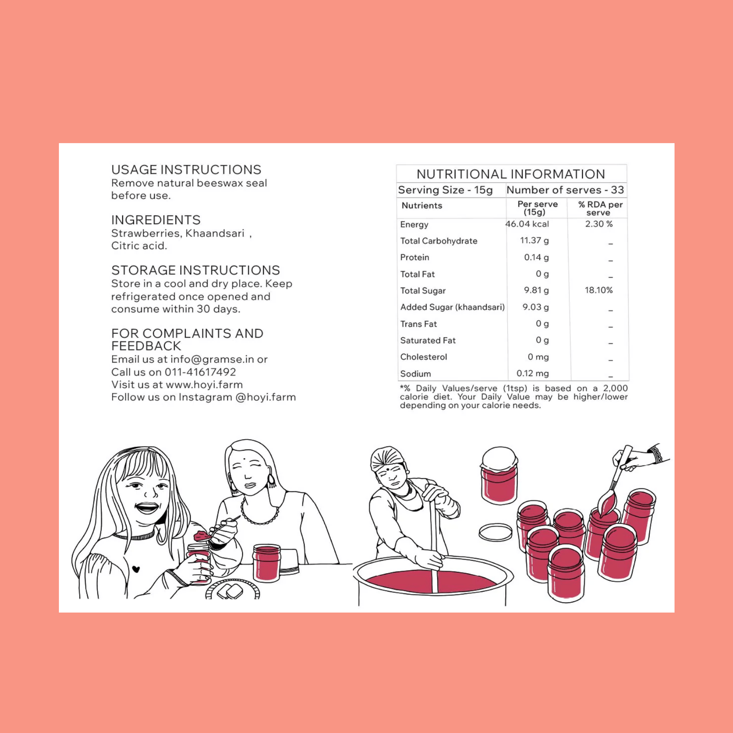 Product label with usage, nutritional, and storage instructions on a pink background