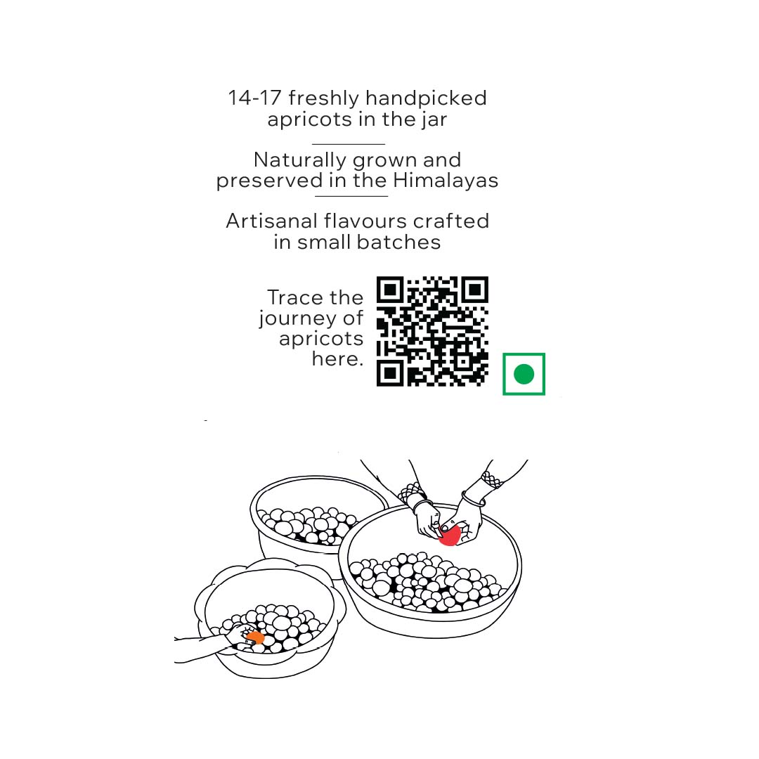 Illustration of apricots being handpicked with text about apricot preservation in the Himalayas and a QR code.