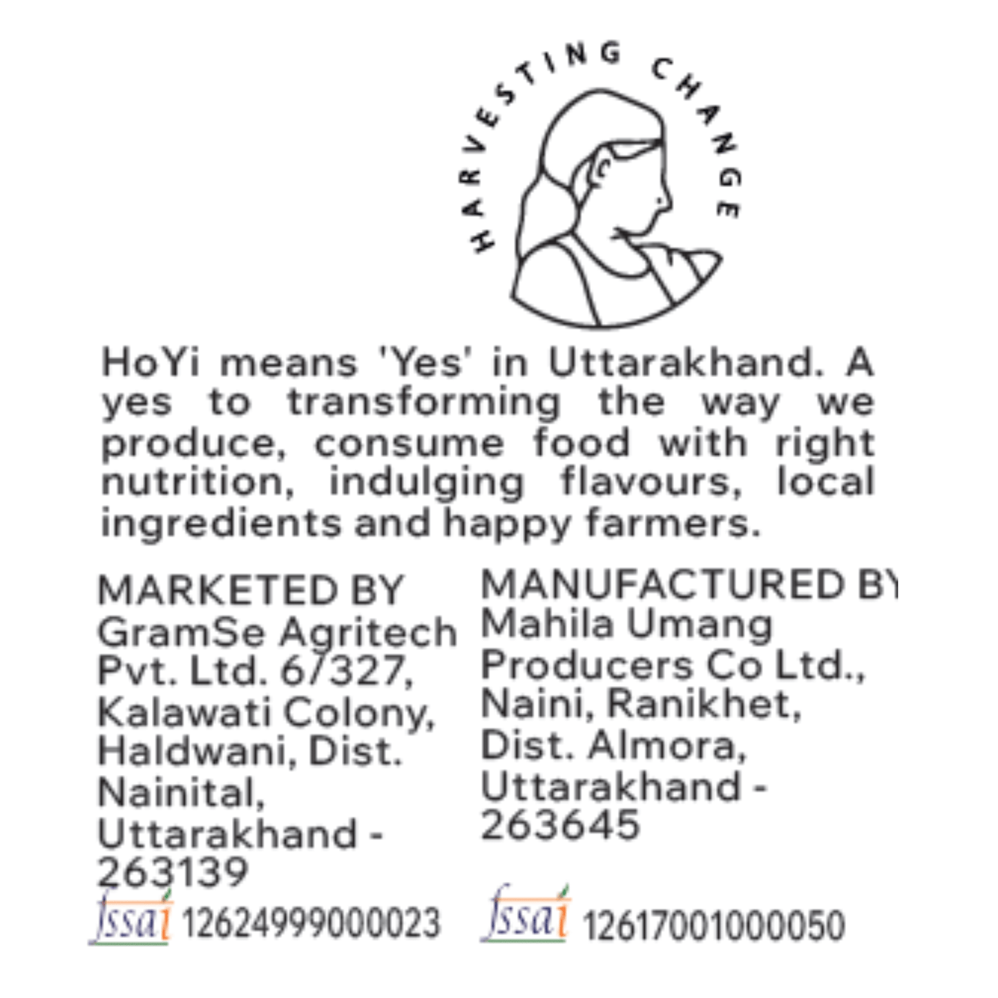 Text and logo related to 'Harvesting Change' with contact information on a white background