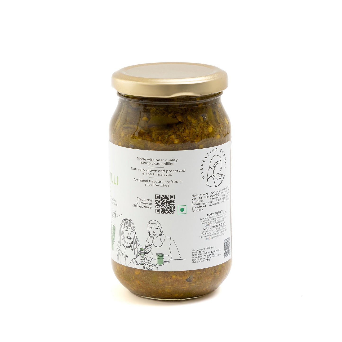 HoYi Green Chili Pickle (400gms) Handmade and Organic (Back)