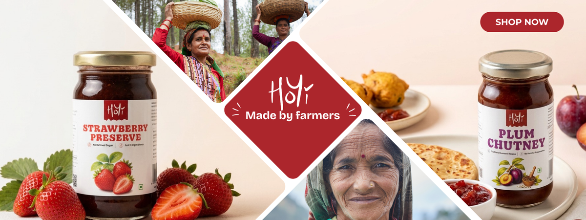 A promotional banner for Holi brand jams, featuring jars of Strawberry Preserve and Plum Chutney, with food imagery, a 'SHOP NOW' button, and a central logo reading 'Made by farmers'.