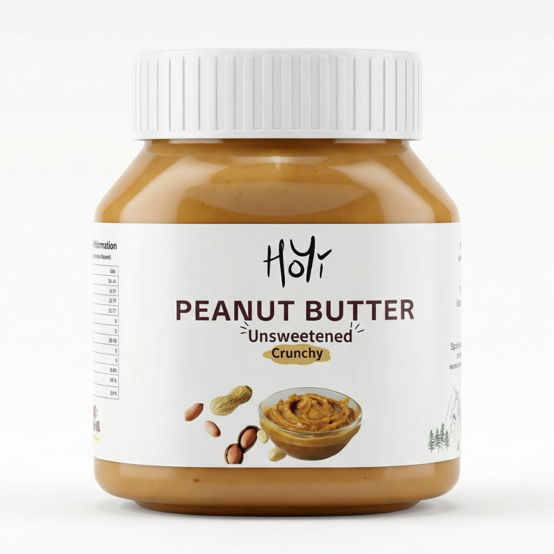 HoYi Unsweetened Peanut Butter 325g jar on white background, 100% peanuts, no added sugar