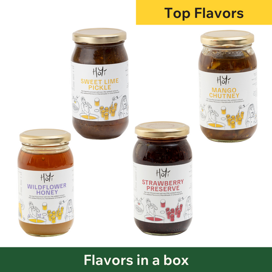 HoYi Strawberry Preserve - Finest Strawberry Jam with chunks, Wildflower Honey - Natural and Raw, Mango Chutney - Spicy and Sweet, Sweet Lime Pickle - Tangy and Sweet