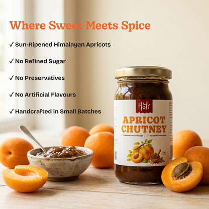 A jar of HsfR Apricot Chutney stands on a wooden surface with whole and sliced apricots around it, plus a small bowl of chutney and a spoon. Orange marketing text on the left reads 'Where Sweet Meets Spice' and lists product benefits.