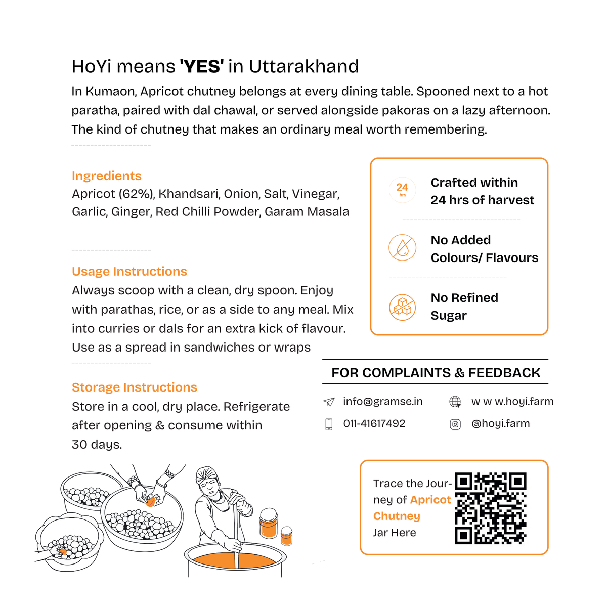 An informational product card for HoYi chutney. The top text explains that HoYi means 'YES' in Uttarakhand and provides background usage context.