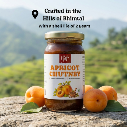 A jar of Hori Apricot Chutney sits on a stone surface outdoors, surrounded by fresh apricots and green leaves, with a blurred mountain landscape in the background. Text at the top reads, 'Crafted in the Hills of Bhimal With a shelf life of 2 years.