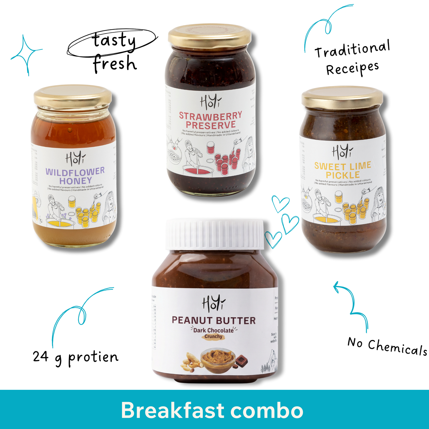 HoYi breakfast combo featuring strawberry jam, protein-rich peanut butter, raw wildflower honey and traditional pickle