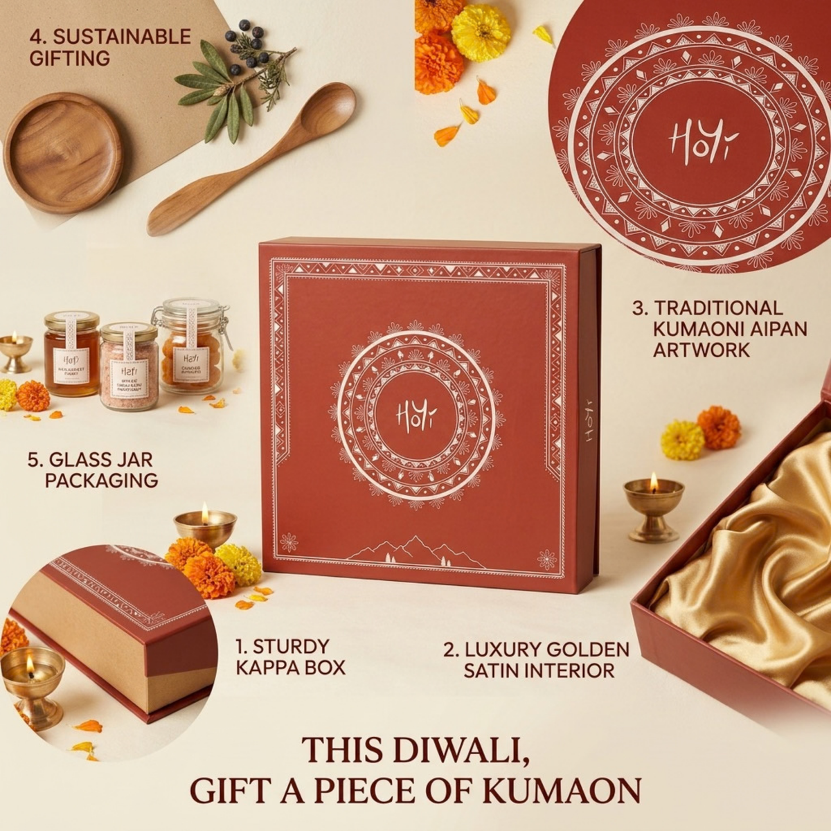 A styled product collage for a Diwali gift set featuring a red decorative box labeled 'Hoyi' with text callouts about sustainable gifting, glass jar packaging, traditional kumaoni artwork, and a luxurious satin interior. The main subject is the red gift box centered in the composition.