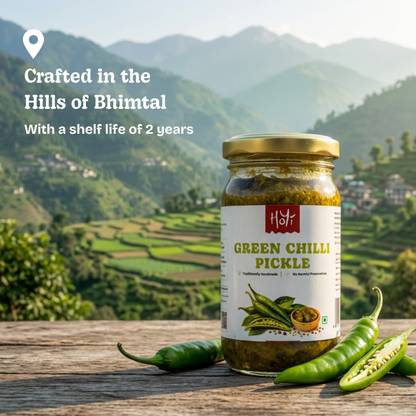 Green Chilli Pickle - Fresh chillies and spices, mustard oil used