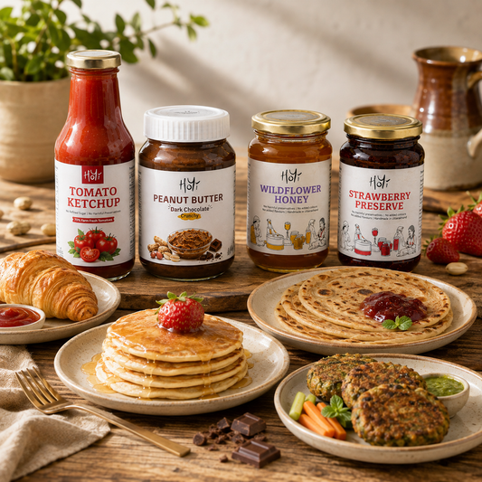 HoYi Breakfast Combo with tomato ketchup, dark chocolate crunchy peanut butter, wildflower honey and strawberry preserve served with croissant, paratha, pancakes and healthy vegetable tikkis on a rustic dining table.