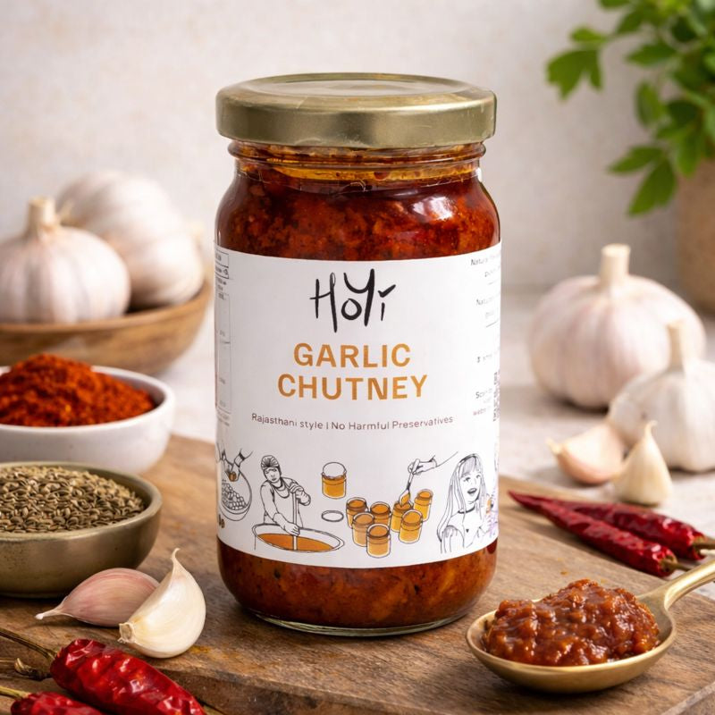 Rajasthani style chilli garlic chutney in bowl made with fresh garlic and red chillies