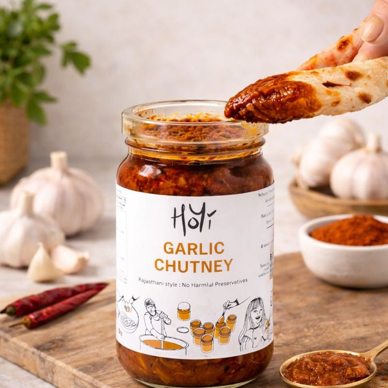 HoYi Chilli Garlic Chutney with red chilli flakes and fresh garlic texture, Rajasthani style