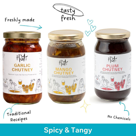 Sweet tangy and spicy chutney combo with mango plum and chilli garlic chutney