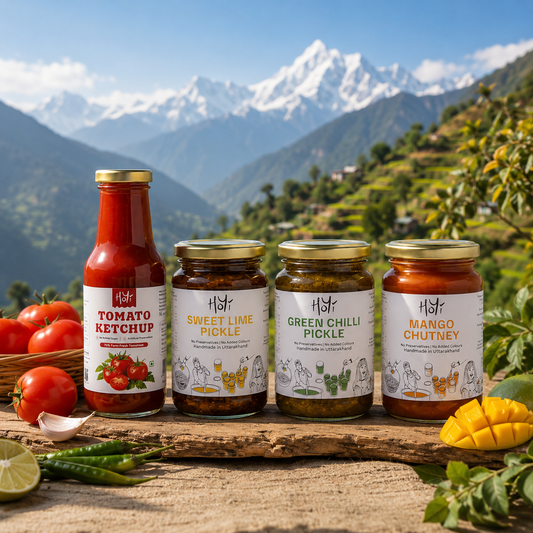HoYi Himalayan Condiment Combo with tomato ketchup sweet lime pickle green chilli pickle and mango chutney
