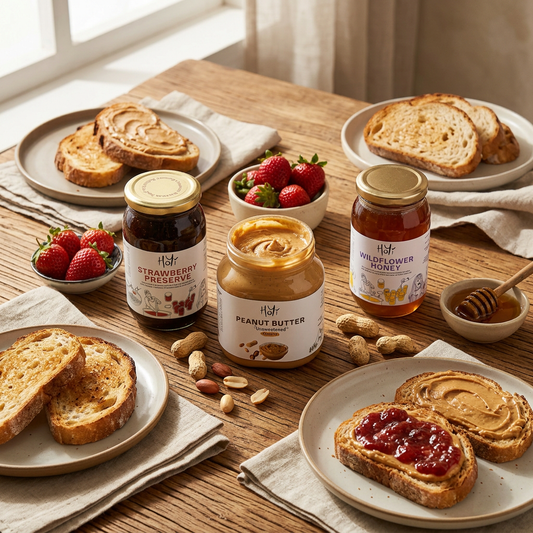 HoYi healthy breakfast combo featuring strawberry preserve, unsweetened peanut butter, and wildflower honey served on a breakfast table