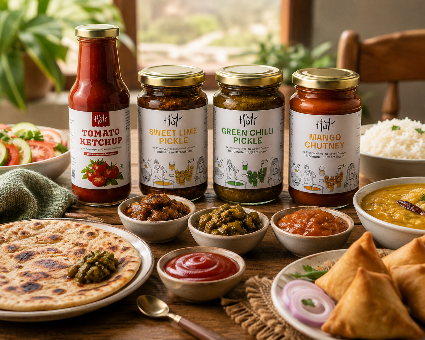 HoYi Himalayan Condiment Combo served with paratha, dal, rice, samosas and Indian meals on a dining table