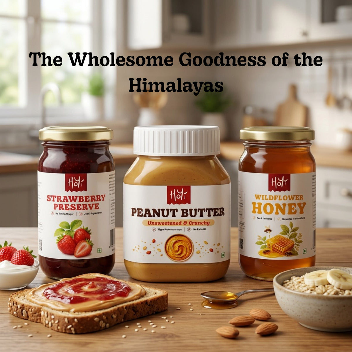 HoYi Healthy Breakfast Combo | Strawberry Preserve + Honey + Unsweetened Peanut Butter | Protein + Fruit + Honey Immunity Pack