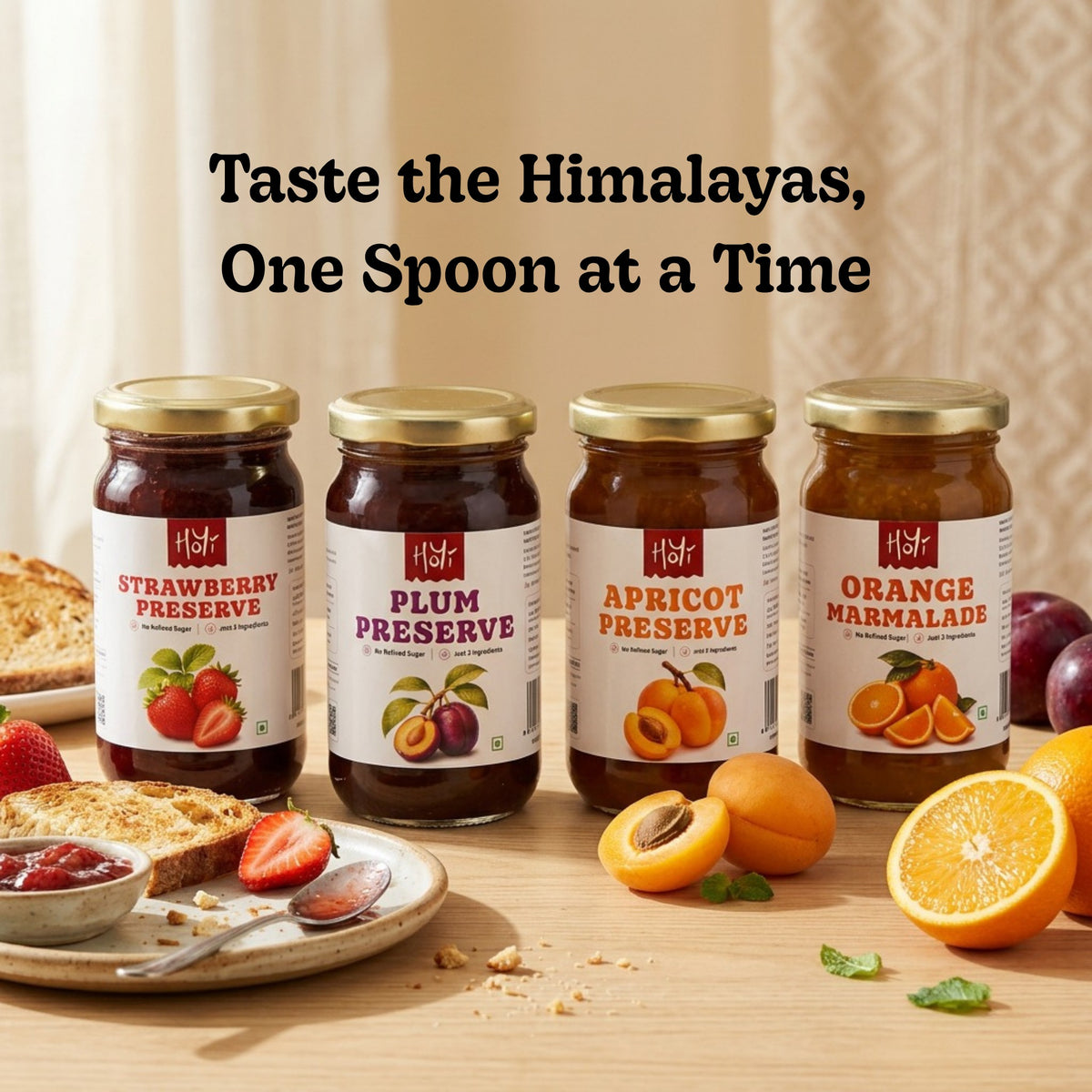 Four jars of Himalayas fruit preserves and marmalade displayed on a wooden table with breakfast toast, sliced strawberries, apricots, and oranges. The text 'Taste the Himalayas, One Spoon at a Time' is written above the products.
