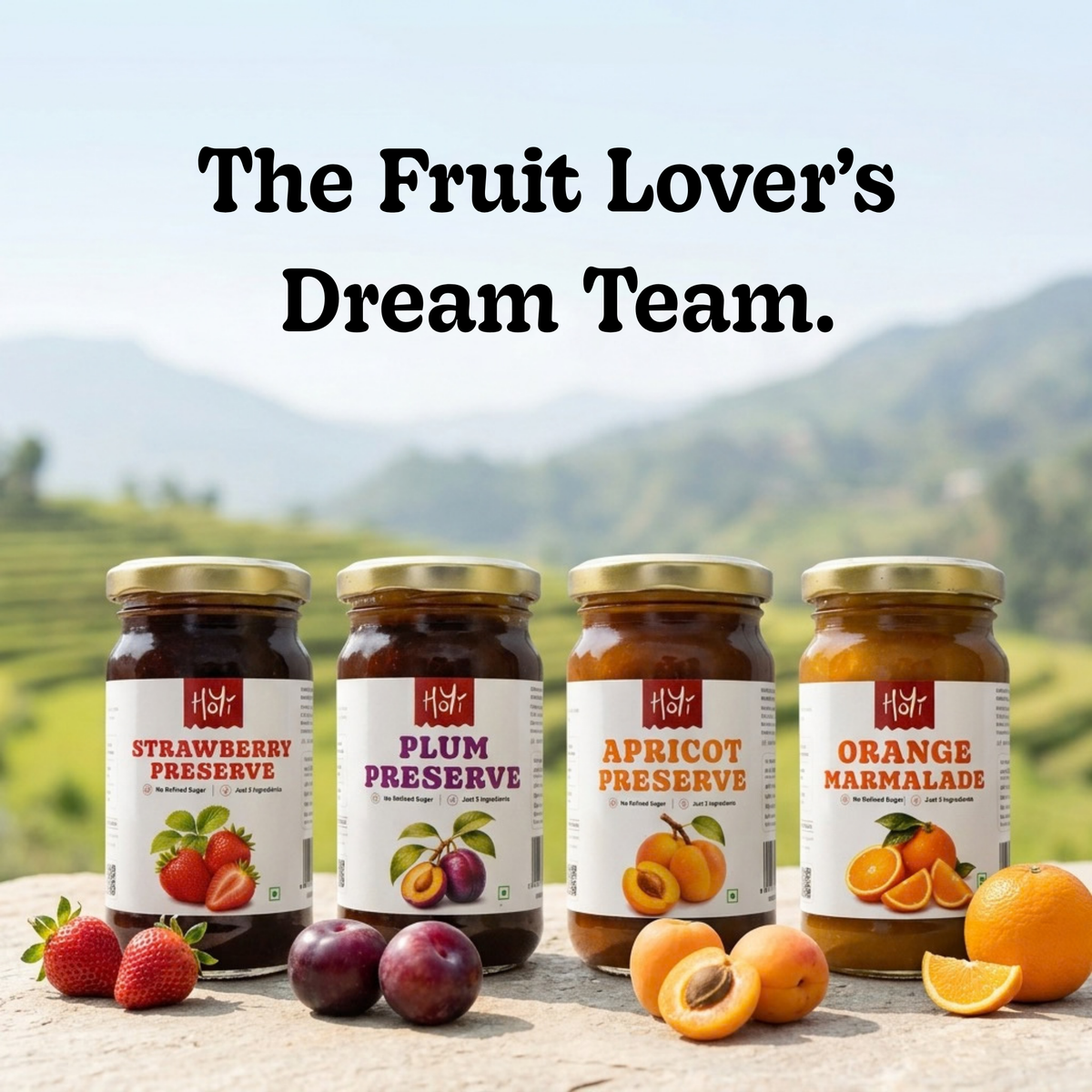 Four glass jars of fruit preserves and marmalade are lined up outdoors on a stone surface with fresh fruit in front. The jars are labeled Strawberry Preserve, Plum Preserve, Apricot Preserve, and Orange Marmalade.