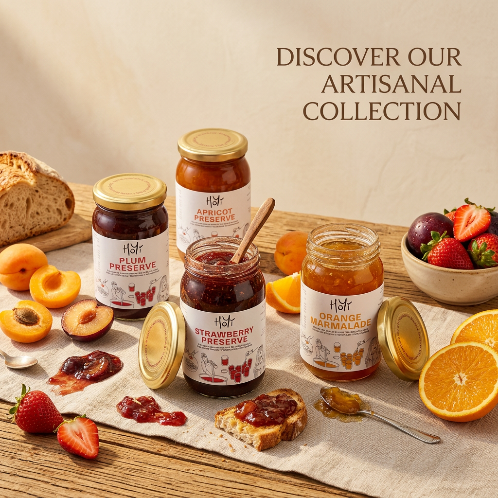 HoYi Himalayan jams and preserves pack of 4 with strawberry plum apricot and orange marmalade jars alongside fresh fruits