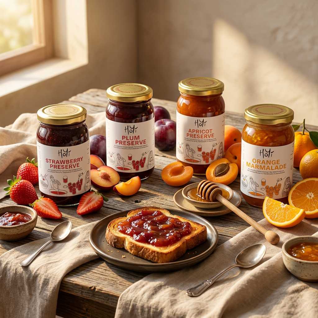Gourmet breakfast setup with HoYi fruit jams and preserves combo including strawberry plum apricot and orange marmalade spreads on toast