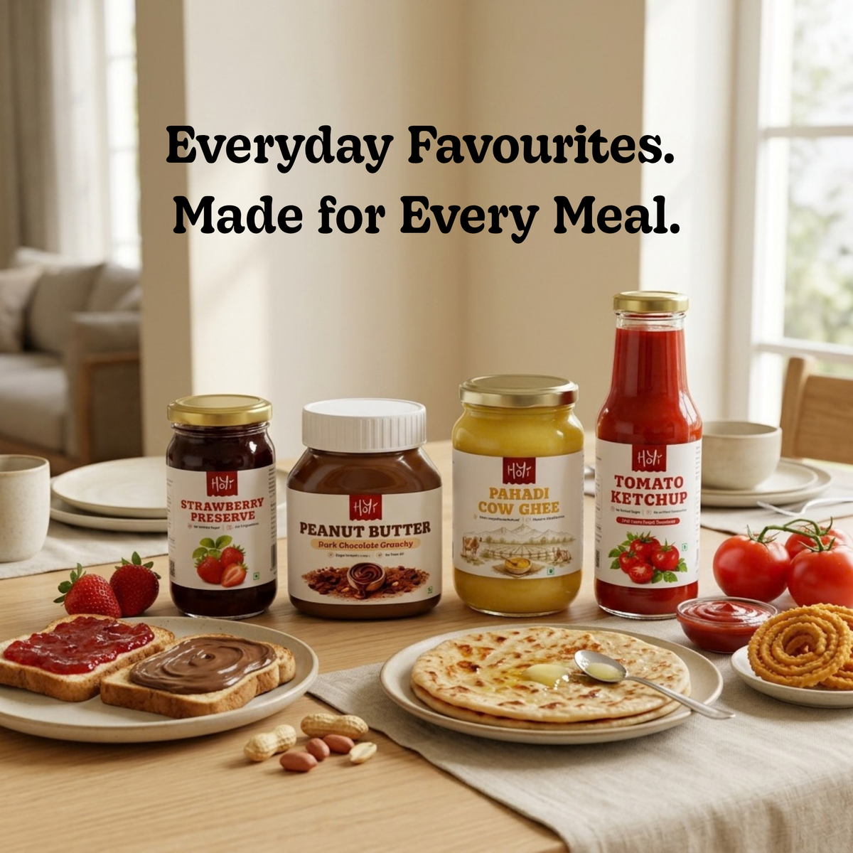 Four jars and a bottle of breakfast spreads and condiments arranged on a table with food props in a bright indoor setting. The products include strawberry preserves, peanut butter, plain cow's milk ghee, and tomato ketchup.