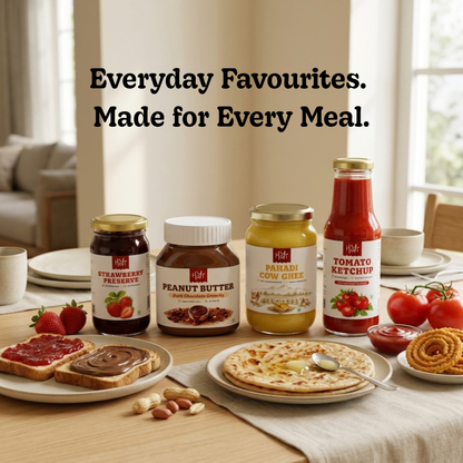 Four jars and a bottle of breakfast spreads and condiments arranged on a table with food props in a bright indoor setting. The products include strawberry preserves, peanut butter, plain cow's milk ghee, and tomato ketchup.
