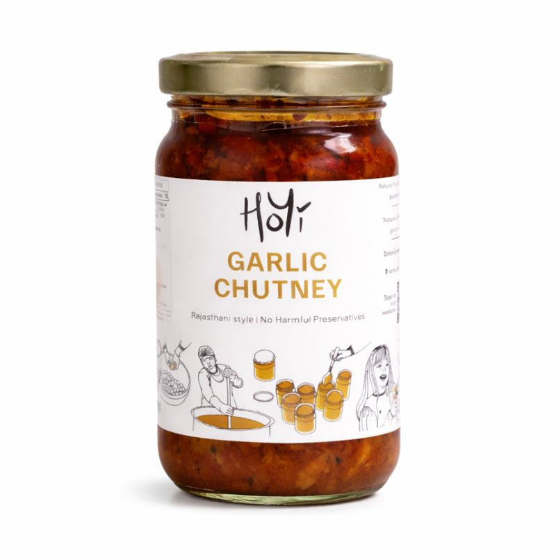 HoYi Rajasthani Chilli Garlic Chutney jar on plain white background