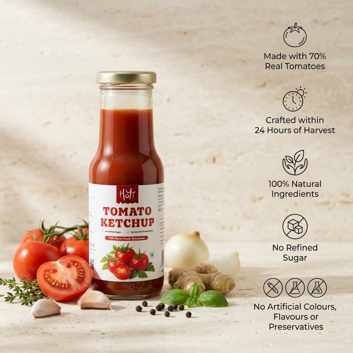 HoYi Tomato Ketchup made with 70% farm-fresh tomatoes and natural spices