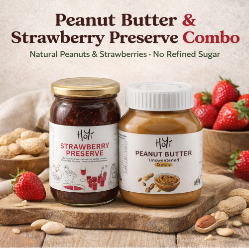 HoYi Peanut Butter and Strawberry Preserve Combo – Unsweetened Peanut Butter and No Refined Sugar Strawberry Jam in Glass Jar – Natural PB&J Spread