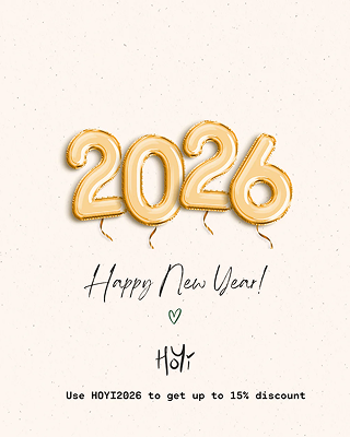 Gold '2026' balloons on a textured beige background with 'Happy New Year!' text and promotional offer.