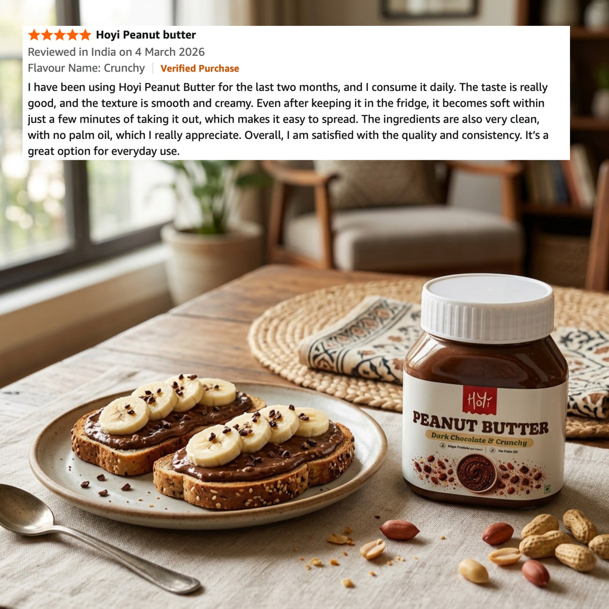 A jar of Hoyi Peanut Butter sits on a table beside two slices of toast topped with banana slices and peanuts. A review card appears at the top showing a customer rating and text about the spread being creamy and suitable for everyday use.