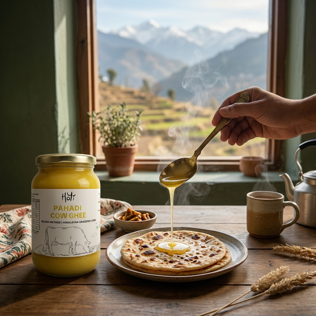 Traditional Bilona Pahadi Cow Ghee served with hot paratha in Himalayan home