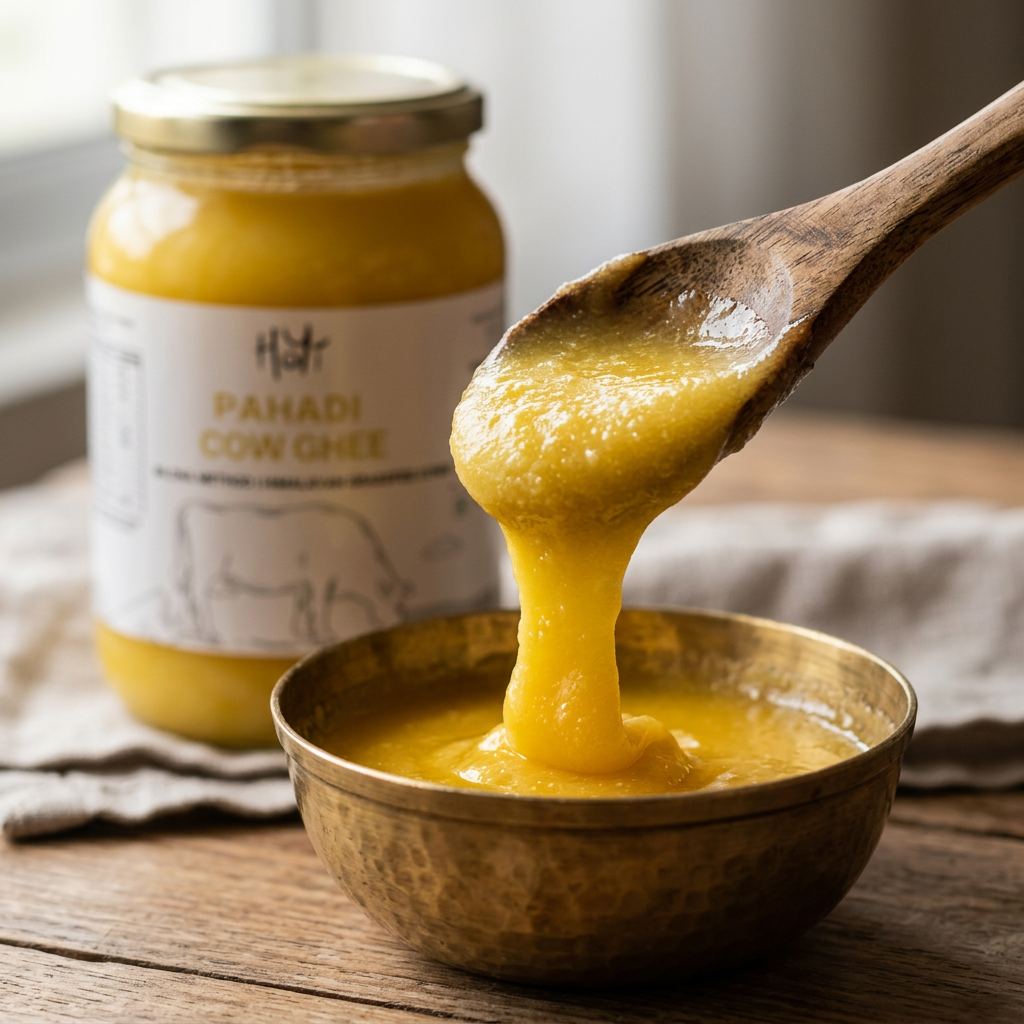 HoYi Pahadi Cow Ghee showing rich Bilona texture in wooden spoon