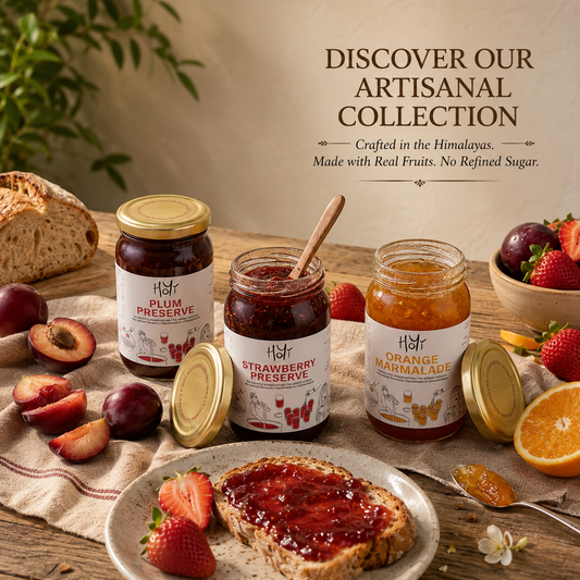 HoYi Himalayan preserves pack of 3 with strawberry plum preserve and orange marmalade jars alongside fresh fruits