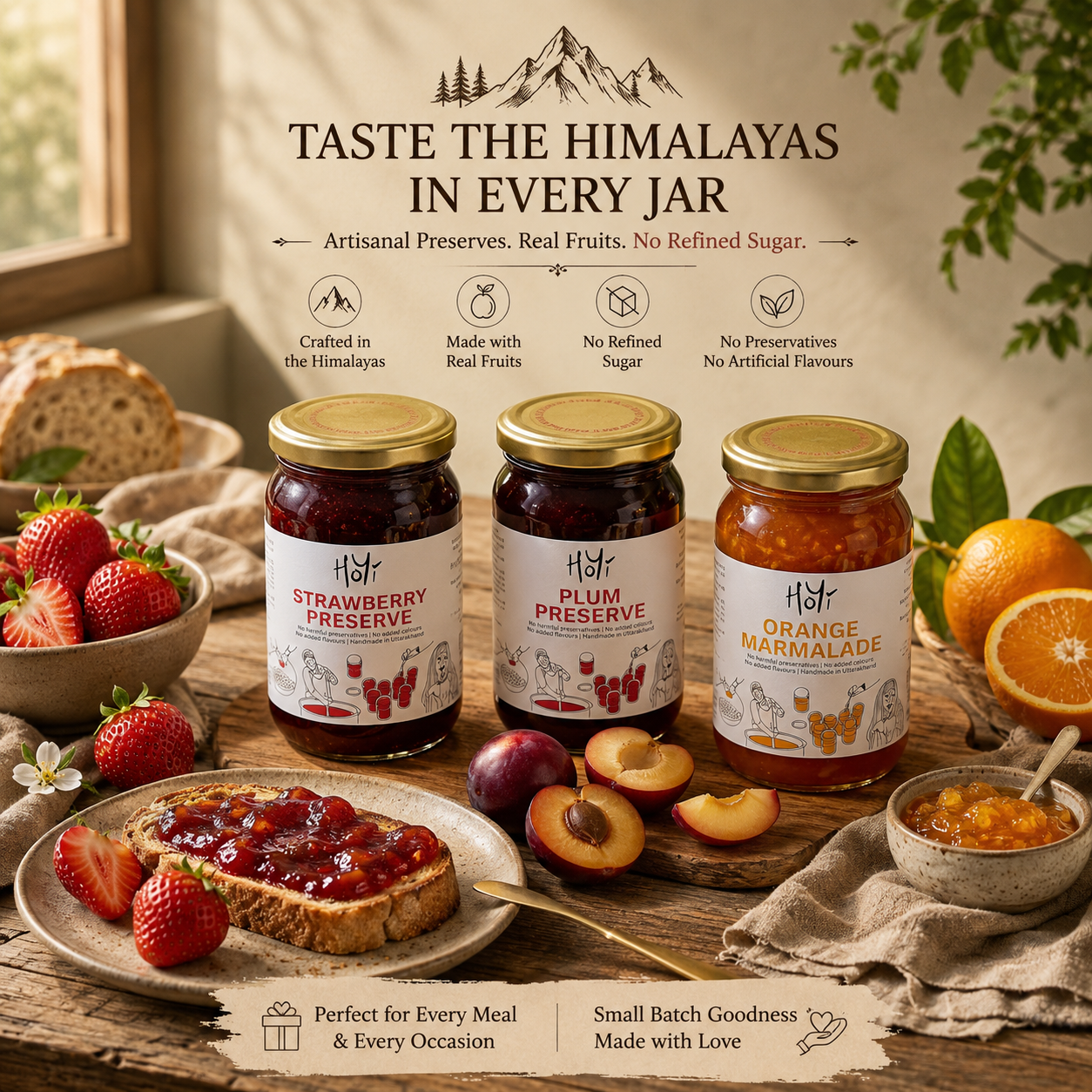 Gourmet breakfast spread with HoYi strawberry plum and orange marmalade preserves served on artisanal toast