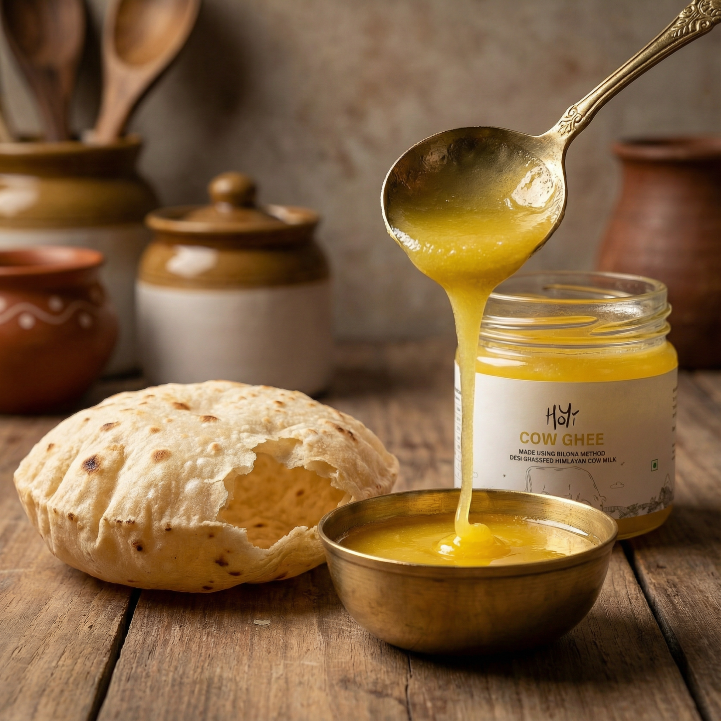 Pahadi cow A2 bilona ghee poured into brass katori with fresh roti. Golden A2 cow ghee made using bilona method in Uttarakhand