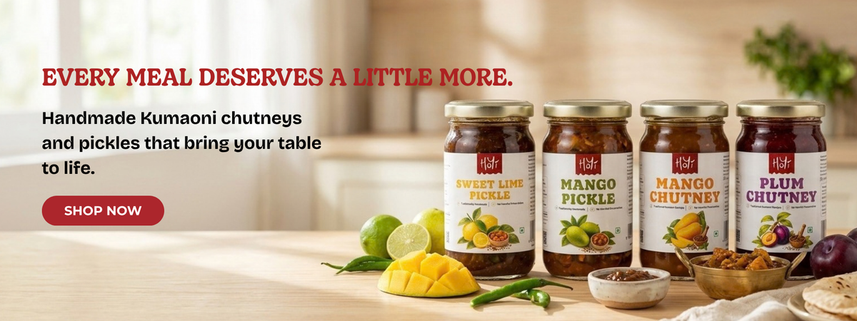 HoYi handmade Kumaoni mango pickle, mango chutney and plum chutney jars with fresh mango and plum. Shop now.