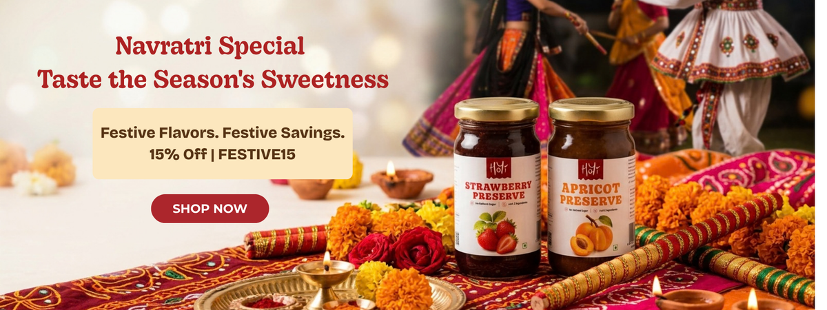Navratri special: HoYi jams and preserves with marigold garlands, diyas and dandiya sticks. Festive flavours, 15% off with code FESTIVE15. Shop now.