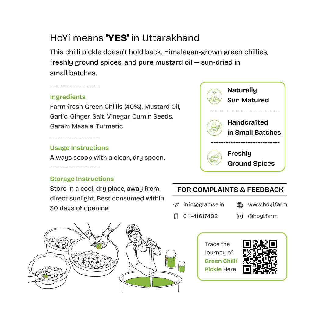 An informational product graphic for HoiYi chilli pickle on a white background. The text explains that HoiYi means 'YES' in Uttarakhand, describes the ingredients and preparation, includes usage and storage instructions, and provides contact details and a QR code.