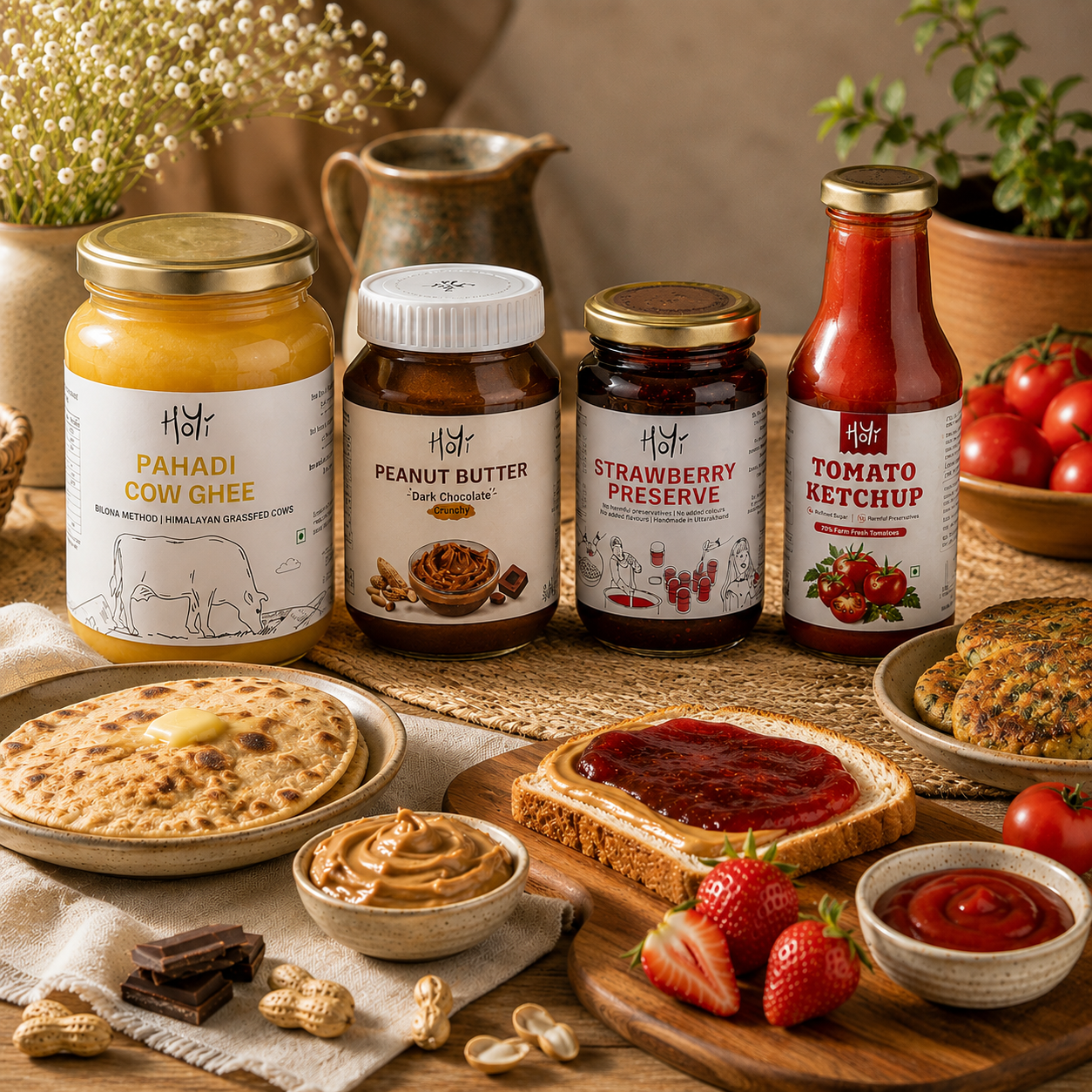 HoYi four product combo with Pahadi cow ghee, dark chocolate crunchy peanut butter, strawberry preserve and tomato ketchup on a rustic dining table