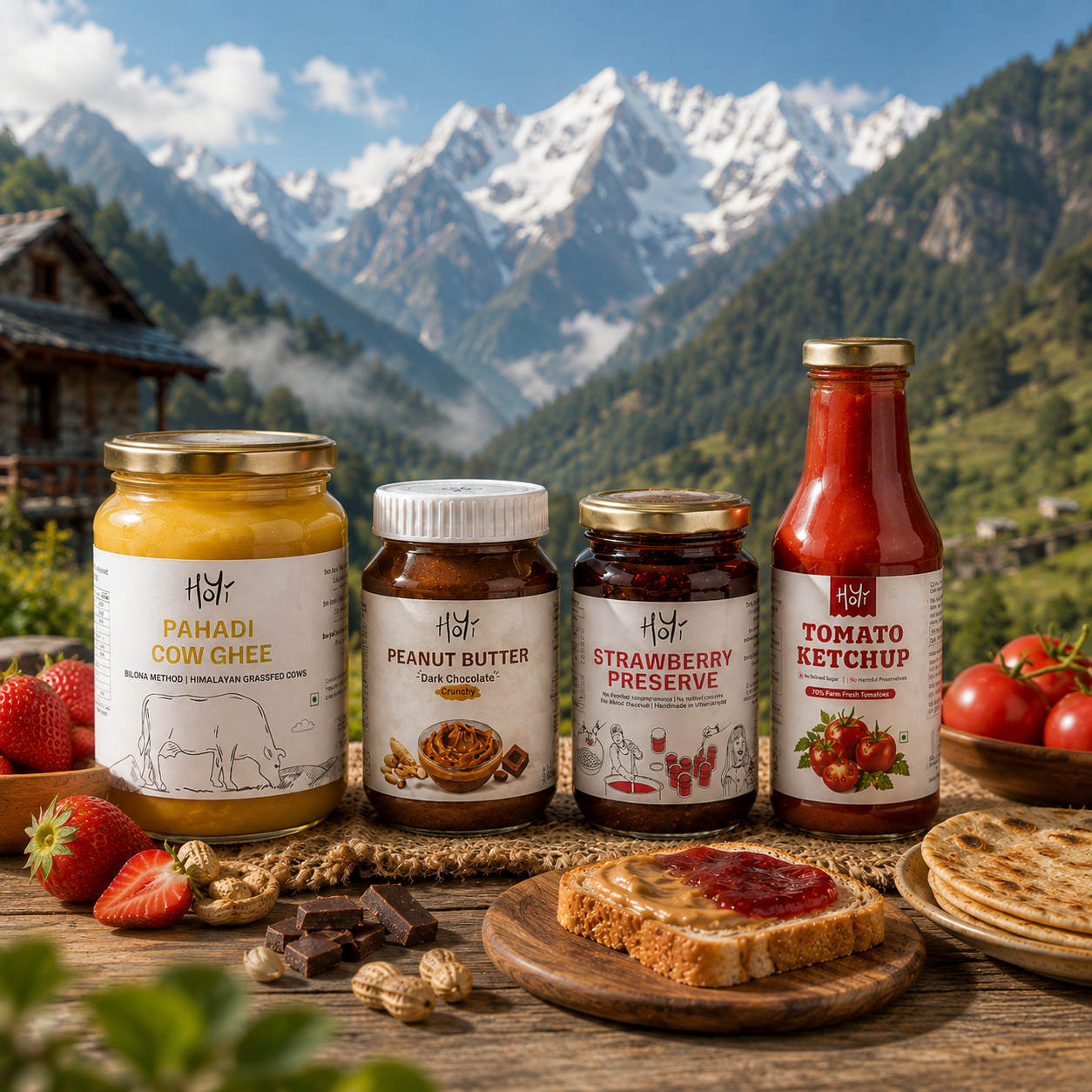 HoYi four product combo with Pahadi cow ghee, dark chocolate crunchy peanut butter, strawberry preserve and tomato ketchup with Himalayan mountain scenery