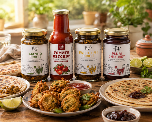 HoYi Perfect Himalayan Condiment Pack with mango pickle, tomato ketchup, sweet lime pickle and plum chutney served with parathas and pakoras