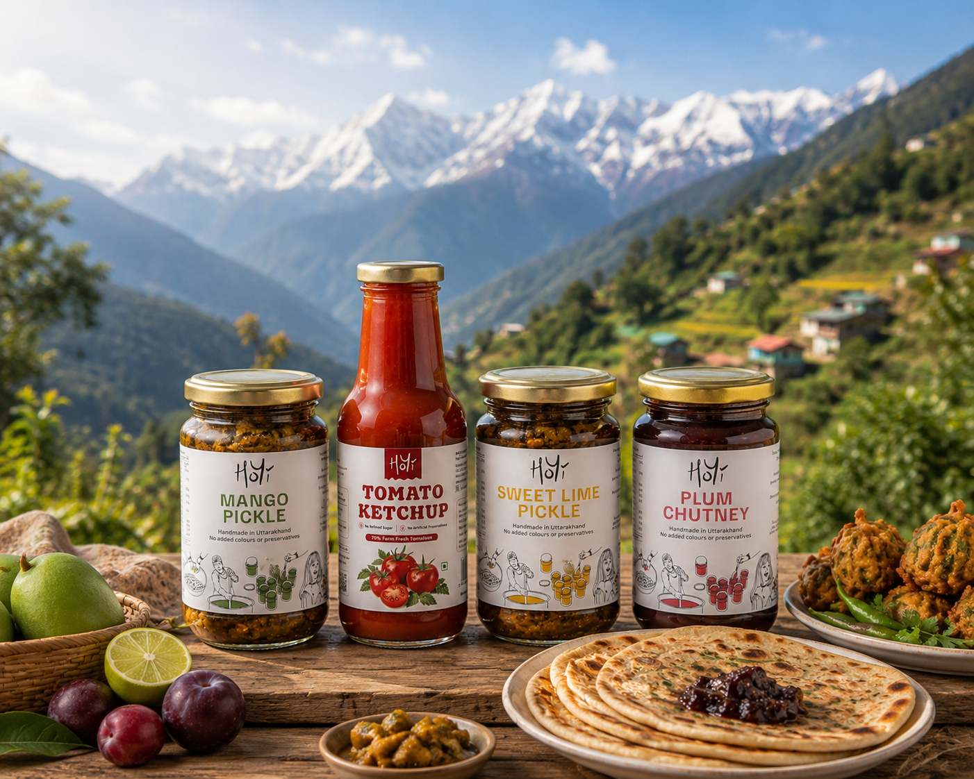 HoYi Perfect Himalayan Condiment Pack with mango pickle, tomato ketchup, sweet lime pickle and plum chutney against Himalayan mountains